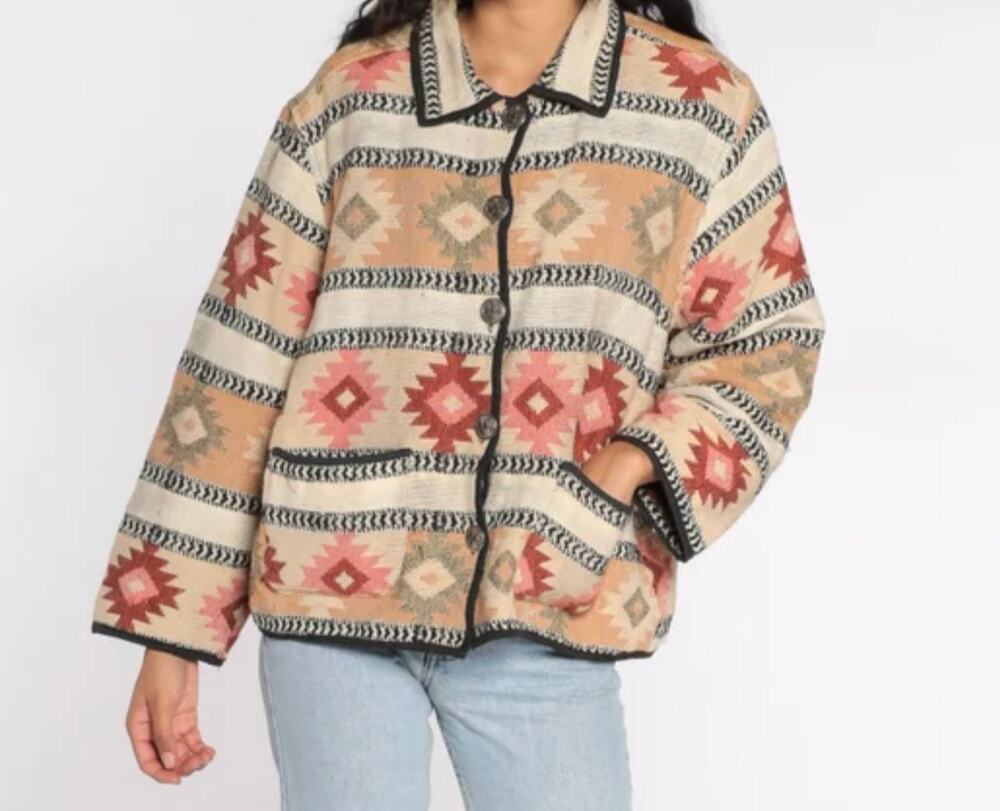 Jane Ashley Southwestern Tapestry Jacket Boho Vintage Tribal 90s Small